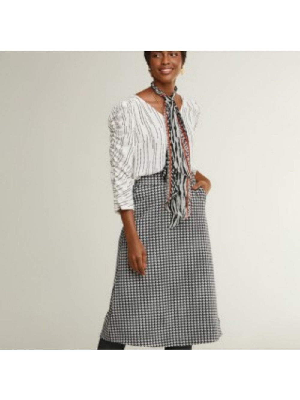 CAbi Black and White Houndstooth A-Line Midi Skirt